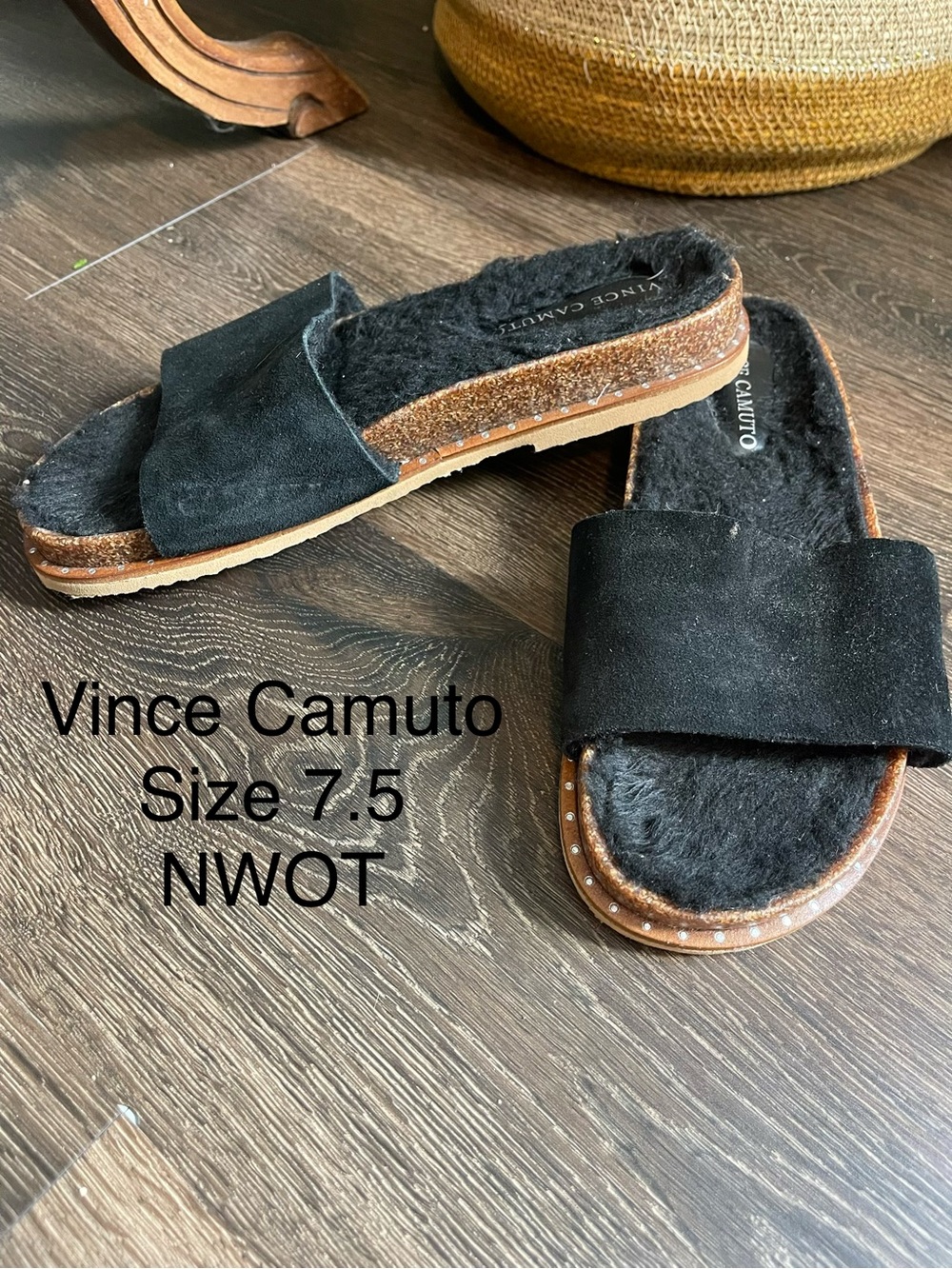 Vince Camuto Black Suede Slide Sandals with Cork-Look Midsole